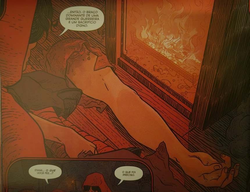 No quadro desta página vemos Diana ajoelhada na frente da lareira de seu reduto no inferno, coberta com um capuz vermelho. No chão vemos seu braço decepado, com um pago estacando a ferida na extremidade que ligava o braço ao seu ombro.