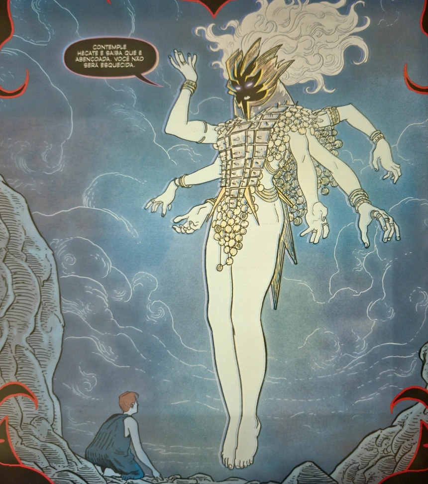 Nesta página vemos a deusa Hécate, encontrando com Circe no inferno. A deusa tem a pele e cabelos brancos como papel, o rosto é coberto por seu capacete, destacando apenas seus olhos relusentes. Ela veste uma armadura apenas de peitoral e tem 6 braços.